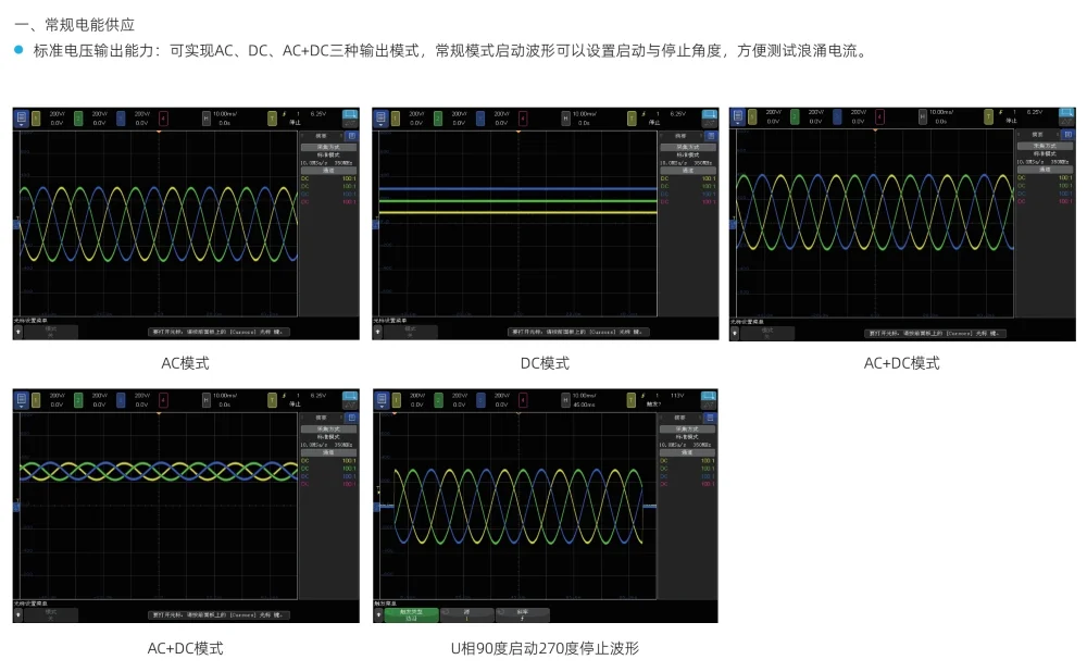 艾诺ANMGL源载一体机 常规电能供应模式：AC/DC/AC+DC 及特殊启停波形